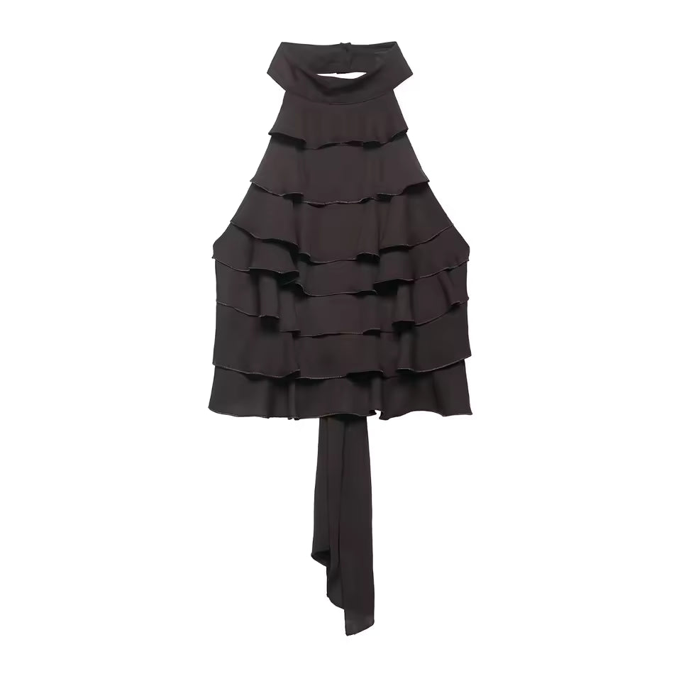 Summer Sexy Halter Neck Backless Top Women Chic Layered Pleated Decoration Sleeveless Crop Top Female Beach Holiday Outfits 2 Colors	针对“海边度假、露背、