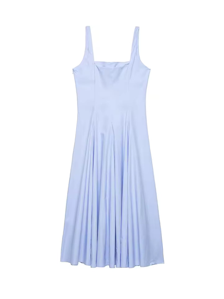 Summer Poplin Midi Dress for Women - Sexy Square Neck Sleeveless A-Line Swing Dress - Solid Color High Waist Dress with Side Zipper