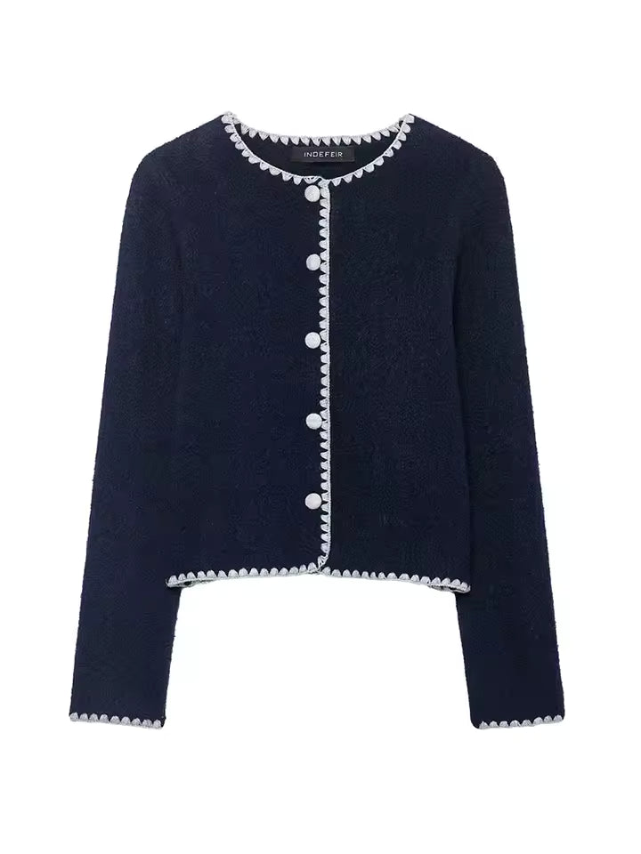 Effortless Lady Style! 2026 Autumn Contrast Embroidered Knitwear | Chic Crew Neck Single-Breasted Cardigan - Slim Fit Retro Short Jacket for Daily Wear