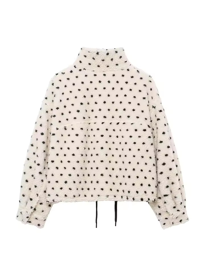 Chic Polka Dot Short Coat for Women | Sexy High Neck Zipper Jacket with Adjustable Drawstring | 2026 Spring Casual Street Style Outwear