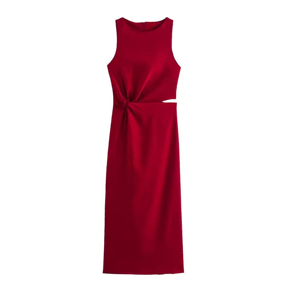 Summer Cutout Waist Midi Dress for Women - Sexy Sleeveless Crew Neck Ruched Party Dress - Slim Fit Back Zipper Elegant Chic Sundress