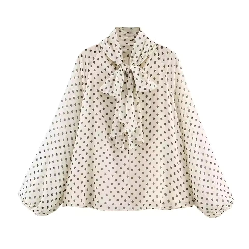 2026 Spring Polka Dot Blouse for Women - Elegant Tie Neck Scarf Collar Shirt - Long Sleeve Casual High Street Pullover Top