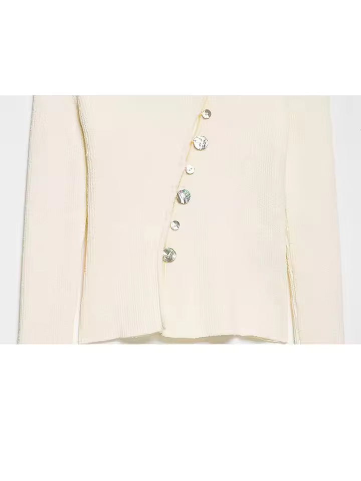 Women's Asymmetrical Buckle Knitted Cardigan - 2026 Spring Vintage Beige Sweater - Chic Unique Closure Casual Knit Jacket