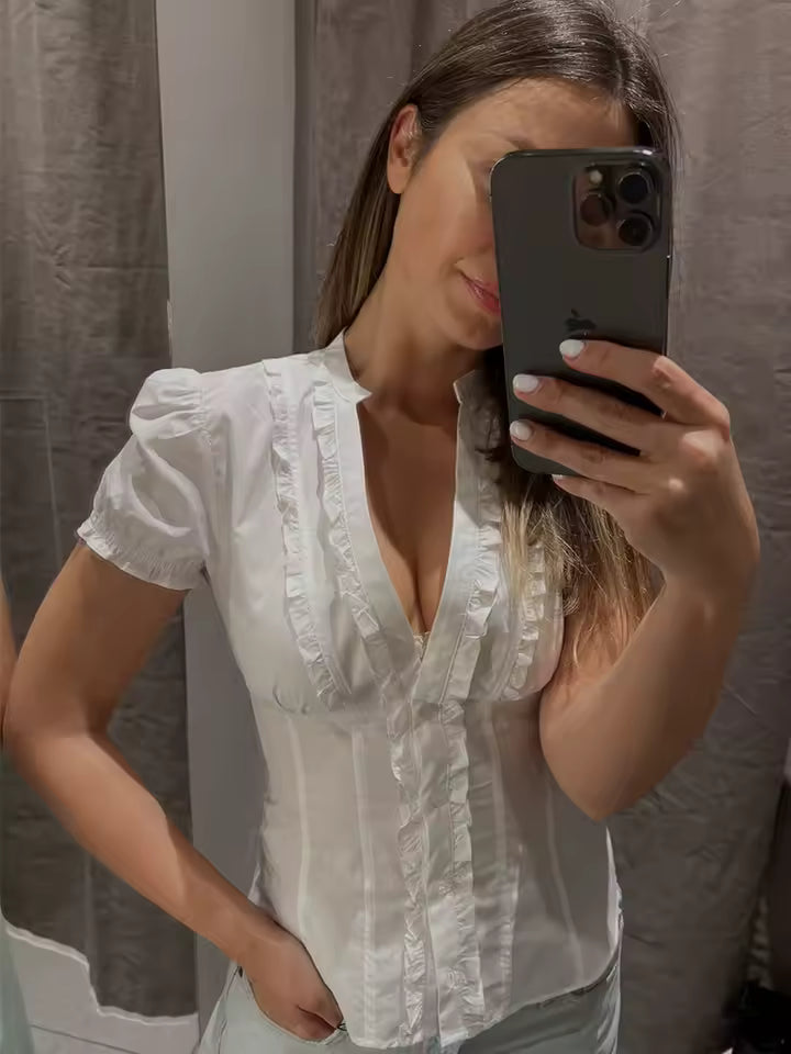 2026 Spring Short Sleeve Blouse for Women - Elegant Bow Decoration Single Breasted Shirt - Versatile Solid Pleated Blouse with Lace-up Detail