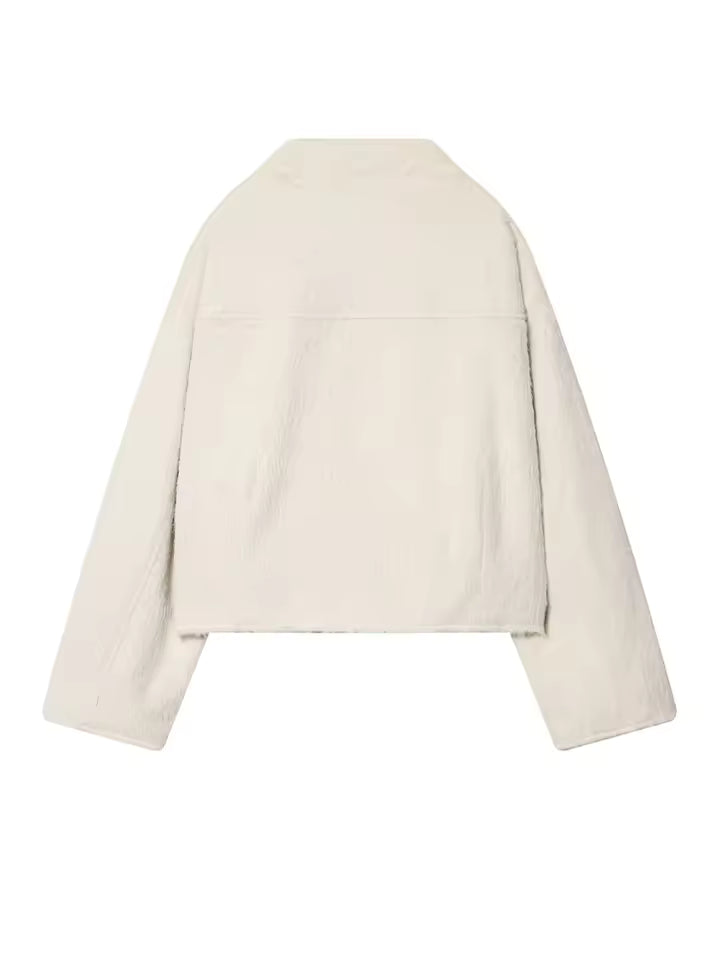 2026 Autumn Plush Trim Short Coat for Women - Elegant Single-Breasted Long Sleeve Jacket - Casual Loose Fit Solid Temperament Outwear