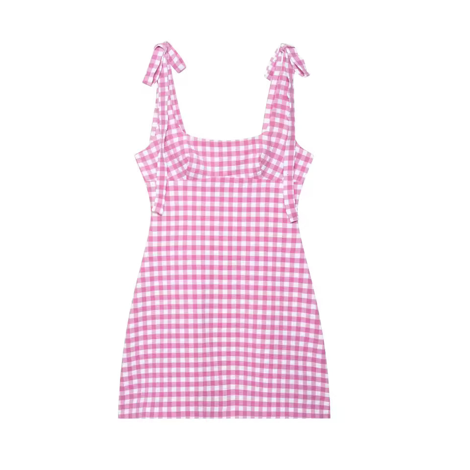 Summer Yellow Plaid Mini Dress for Women - Sexy Backless Square Neck Sleeveless Bow Sun Dress with Zipper - Chic Plaid Sundress