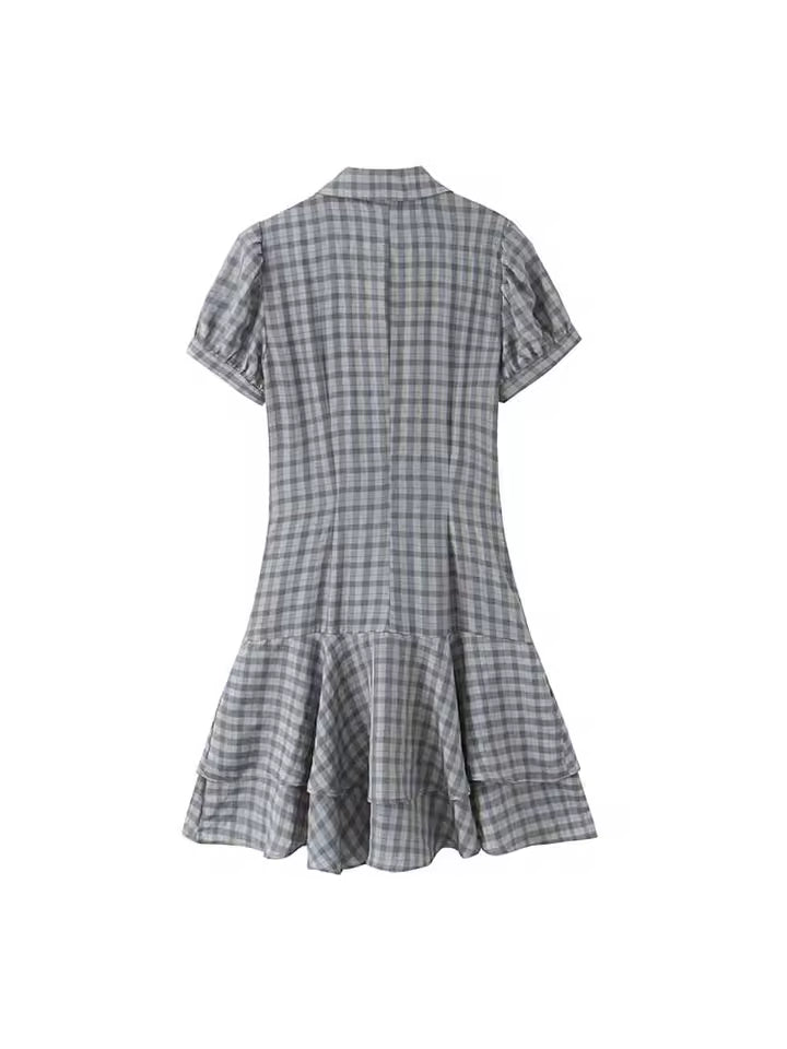Women's Plaid Short Sleeve Dress with Lapel - Casual Layered Spring Fashion Mini Dress, Comfortable Outing Dress for Female 2026