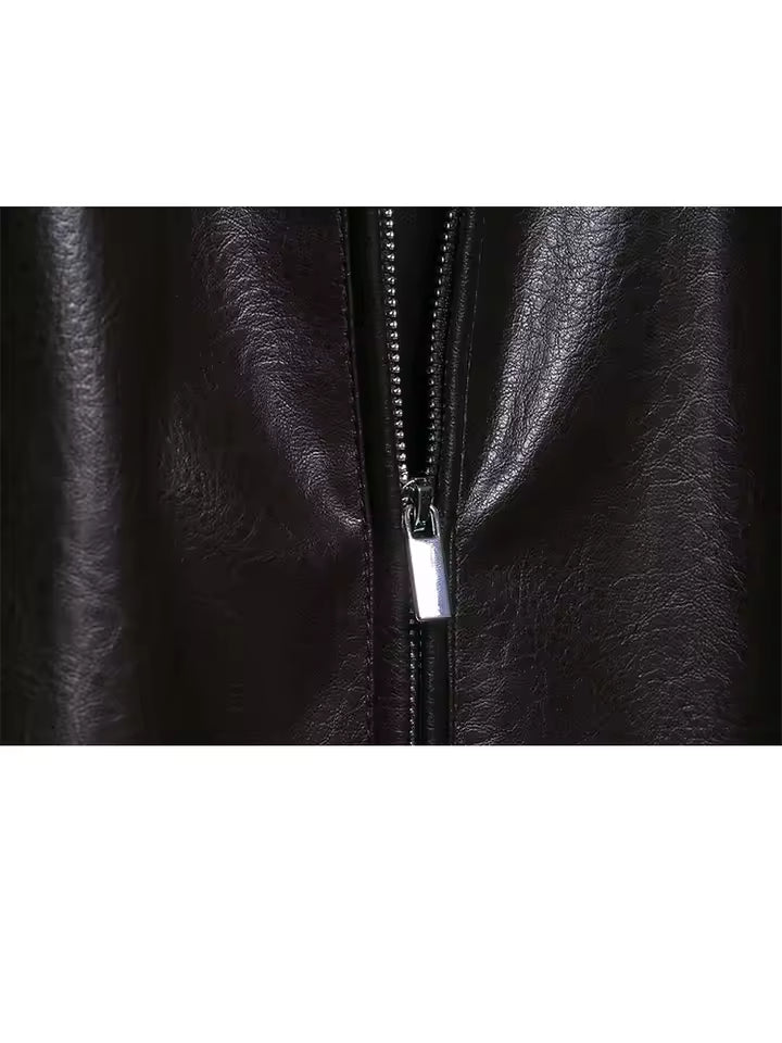 2026 Autumn Faux Leather Pilot Jacket for Women - Vintage Lapel Collar Bomber Coat - Casual Solid Zip-up Jacket with Pockets - Warm Fashion Outwear