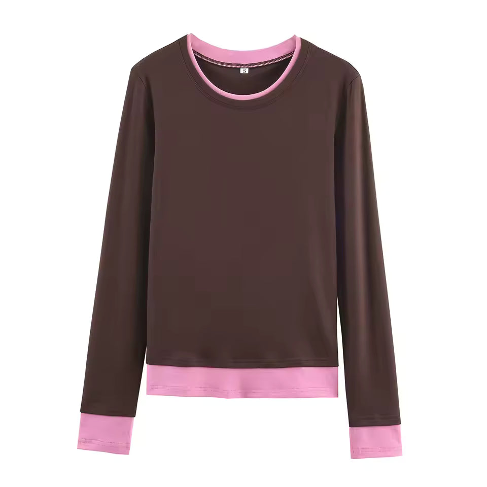 2026 Spring Slim Fit Contrast Color T-shirt Women 3-Color Round Neck Long Sleeve Top Female Casual Versatile Basic Tee