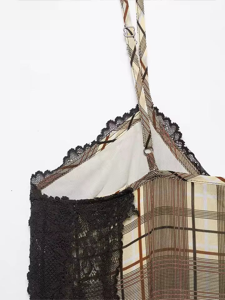 French Vintage Plaid Lace Cami Top Women Chic V-Neck Sleeveless Sling Shirt Female Summer Sexy Side Split Slim Fit Tank Top