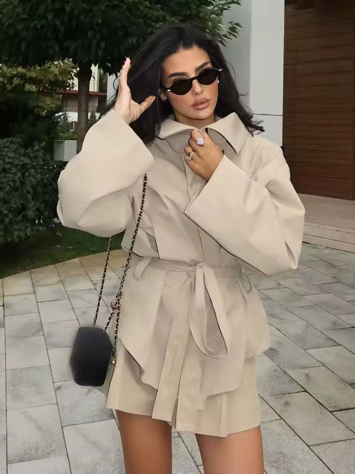 2026 Autumn Women's Belted Short Coat - Elegant Lapel Single-Breasted Jacket - Casual Long Sleeve Solid Outwear with Pockets & Waist Tie