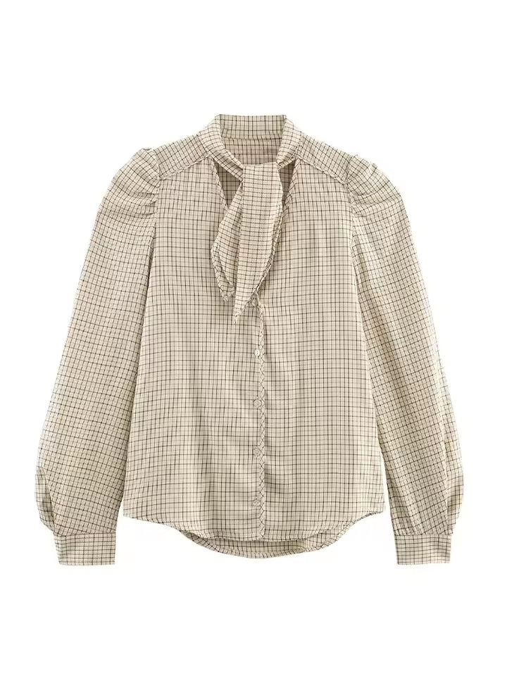 2026 Spring Plaid Blouse for Women - Elegant Bow Decoration Long Sleeve Shirt - Versatile Single-Breasted Lapel Top - Slim Fit Casual Blouse