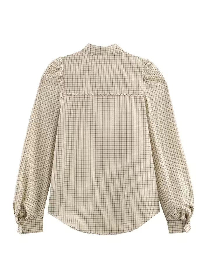 2026 Spring Plaid Blouse for Women - Elegant Bow Decoration Long Sleeve Shirt - Versatile Single-Breasted Lapel Top - Slim Fit Casual Blouse