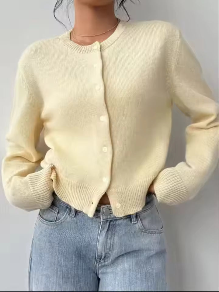 Minimalist Cream Knitted Cardigan Women - 2026 New Simple Single Breasted Sweater - Chic Versatile Long Sleeve Knitwear