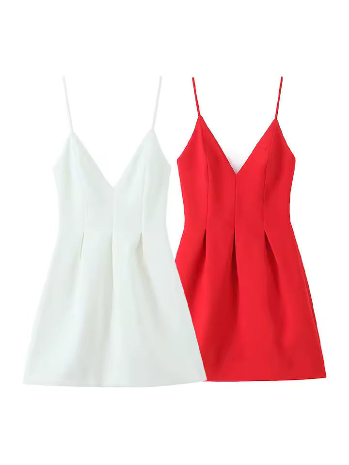 Summer V-Neck Mini Sling Dress for Women - Sexy Sleeveless Wide Swing Party Dress - High Street Solid Color Short Dress with Zipper