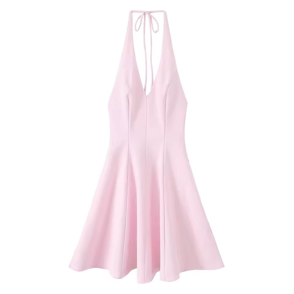 Women's Sexy Halter Neck Mini Dress - Elegant Backless V-Neck Sleeveless Party Dress with Rear Zipper, 2026 Summer Pleated Dress