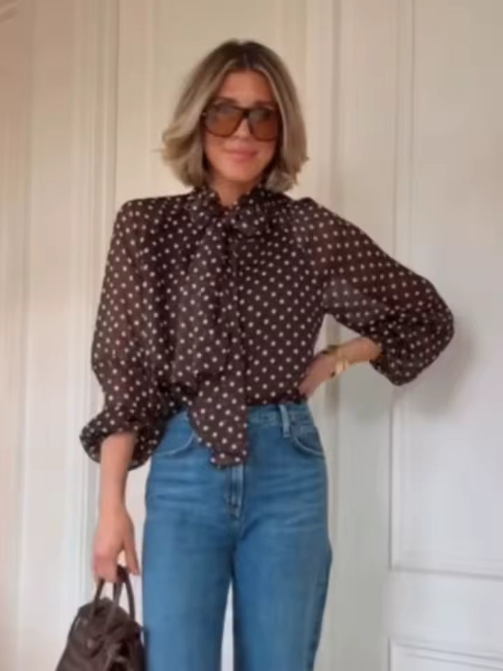 2026 Spring Polka Dot Blouse for Women - Elegant Tie Neck Scarf Collar Shirt - Long Sleeve Casual High Street Pullover Top