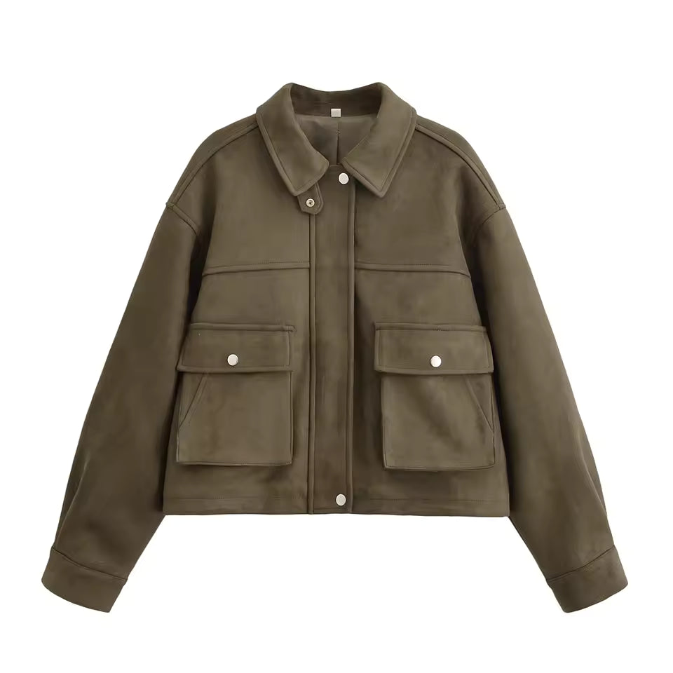 2026 Autumn Utility Jacket for Women - Elegant Turn-Down Collar Long Sleeve Coat - Casual Chic Solid Jacket with Pockets & Zipper Closure