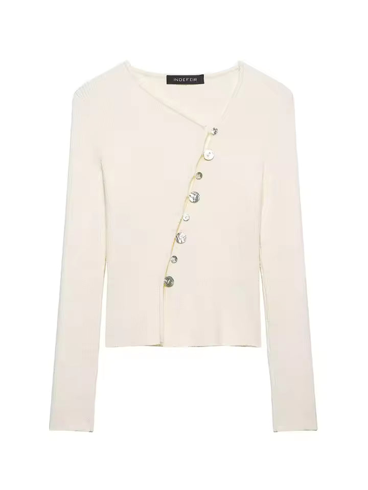 Women's Asymmetrical Buckle Knitted Cardigan - 2026 Spring Vintage Beige Sweater - Chic Unique Closure Casual Knit Jacket