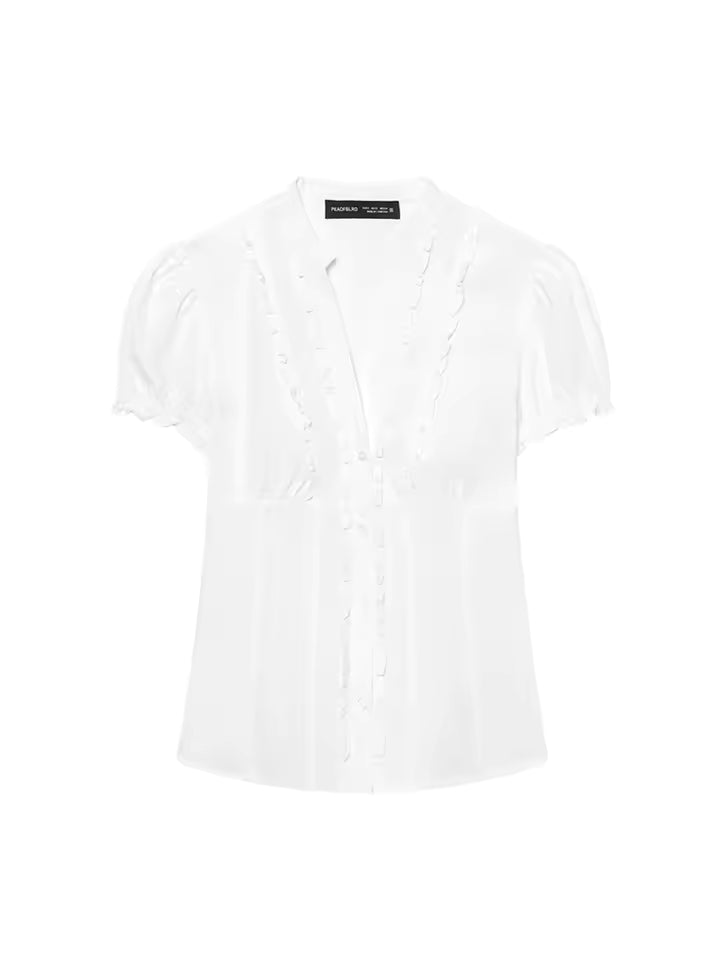 2026 Spring Short Sleeve Blouse for Women - Elegant V-Neck Single Breasted Shirt - Versatile Solid Color Layered Decoration Top in 2 Colors