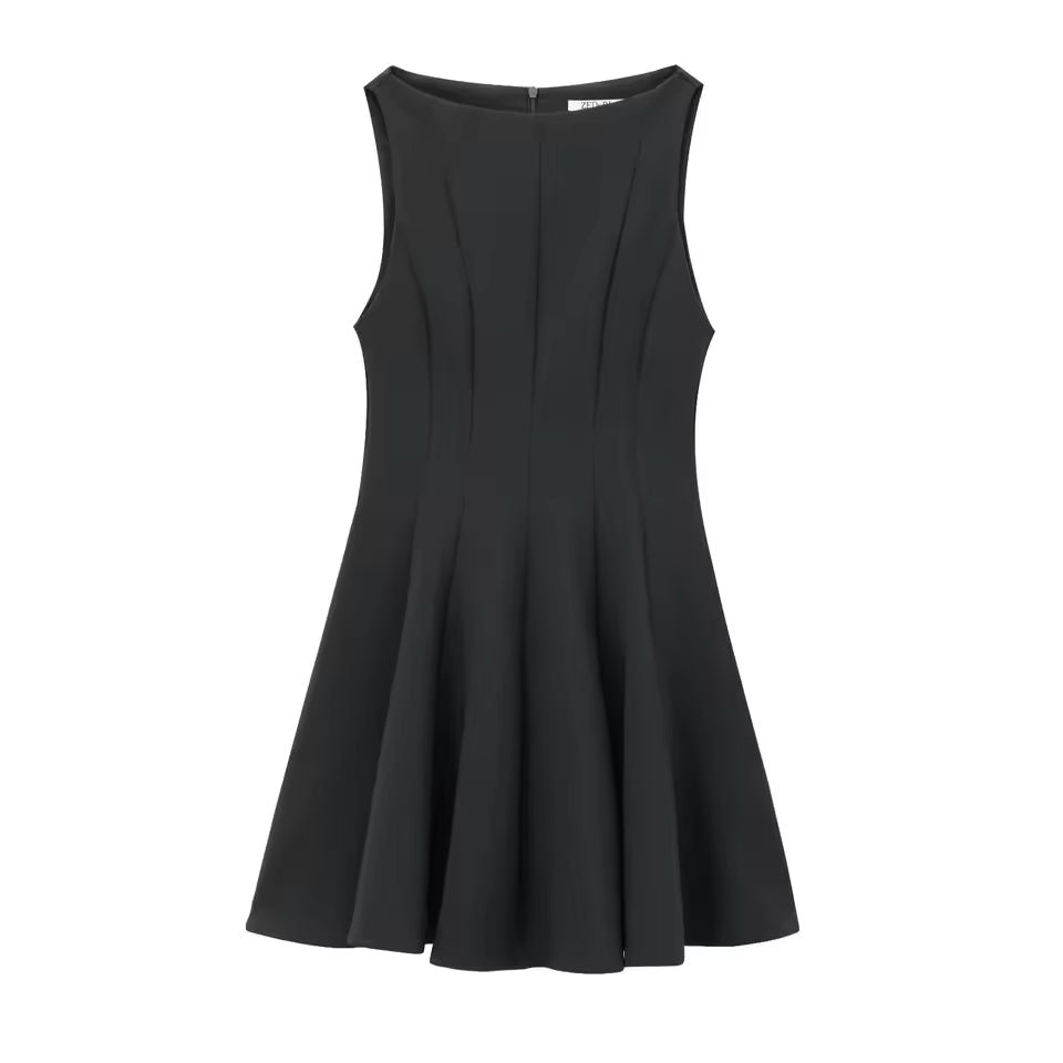 Summer High Street Pleated Mini Dress for Women - Sexy Sleeveless Solid Slim Fit Casual Dress - Chic Rear Zipper Short Sundress