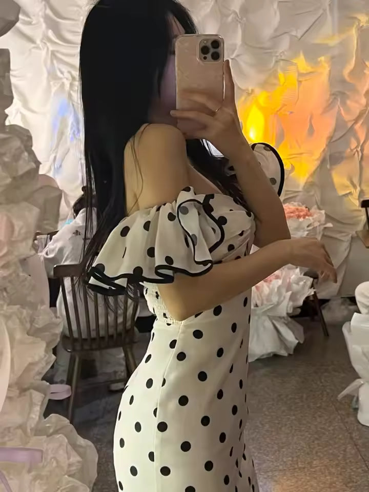 Women's Sexy Elegant Polka Dot Mini Dress Spring Strapless Backless Pleated Evening Dresses with Zipper, Black and White