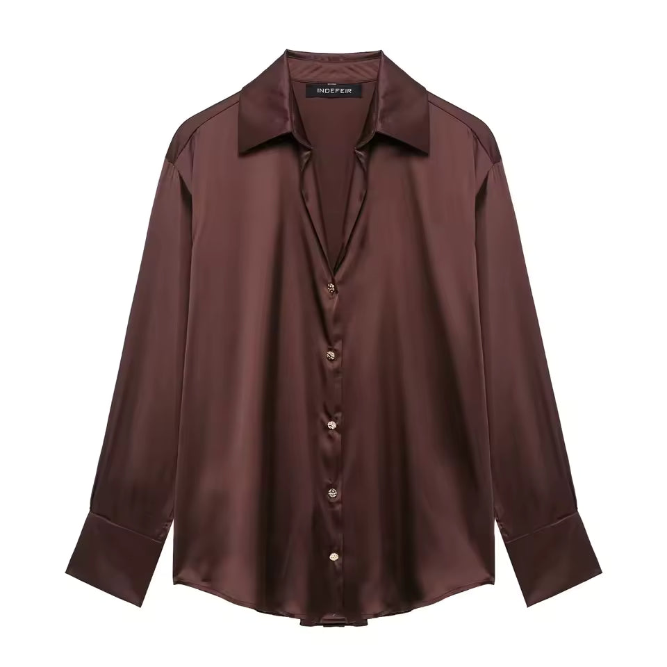 2026 Elegant Satin Texture Shirt Women Silk-like Long Sleeve Blouse Solid Color Lapel Commuter Top Office Lady Formal Shirt