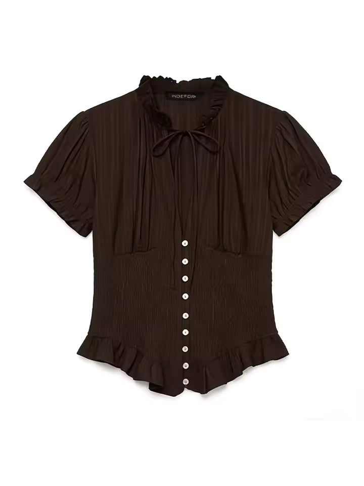 2026 Spring Short Sleeve Blouse for Women - Elegant Bow Decoration Single Breasted Shirt - Versatile Solid Pleated Blouse with Lace-up Detail