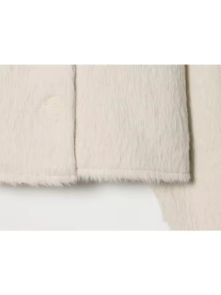 2026 Autumn Plush Trim Short Coat for Women - Elegant Single-Breasted Long Sleeve Jacket - Casual Loose Fit Solid Temperament Outwear