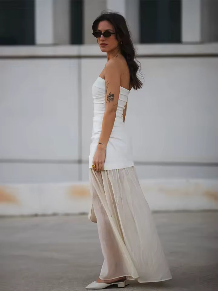 Summer Strapless Midi Tube Dress for Women - Sexy Side Zipper Pleated Splice Dress - Elegant White & Beige Vacation Style Sundress