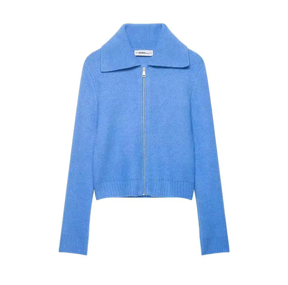 Effortless Retro Vibe! 2026 Spring Knitted Zip-up Jacket | Chic Turn-down Collar Short Coat - Elegant Solid Soft Sweater for Daily Wear