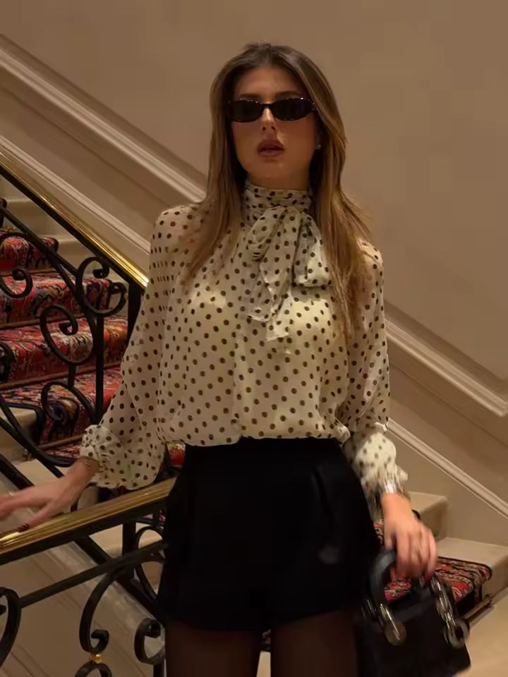 2026 Spring Polka Dot Blouse for Women - Elegant Tie Neck Scarf Collar Shirt - Long Sleeve Casual High Street Pullover Top
