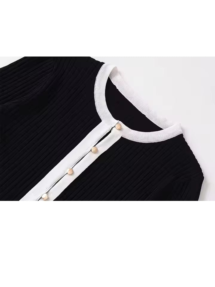 Chic Decorative Button Knitwear - Women's Contrast Stitching Cardigan - Vintage Style Single Breasted Long Sleeve Pullover