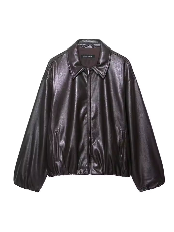 2026 Autumn Faux Leather Pilot Jacket for Women - Vintage Lapel Collar Bomber Coat - Casual Solid Zip-up Jacket with Pockets - Warm Fashion Outwear