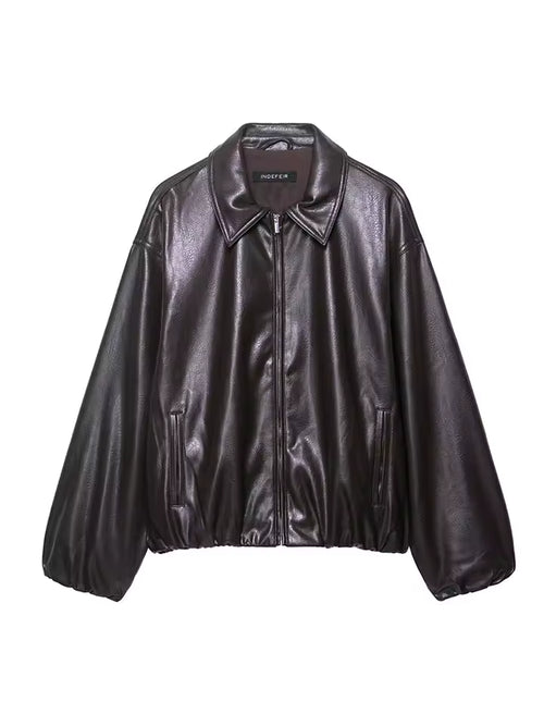 2026 Autumn Faux Leather Pilot Jacket for Women - Vintage Lapel Collar Bomber Coat - Casual Solid Zip-up Jacket with Pockets - Warm Fashion Outwear