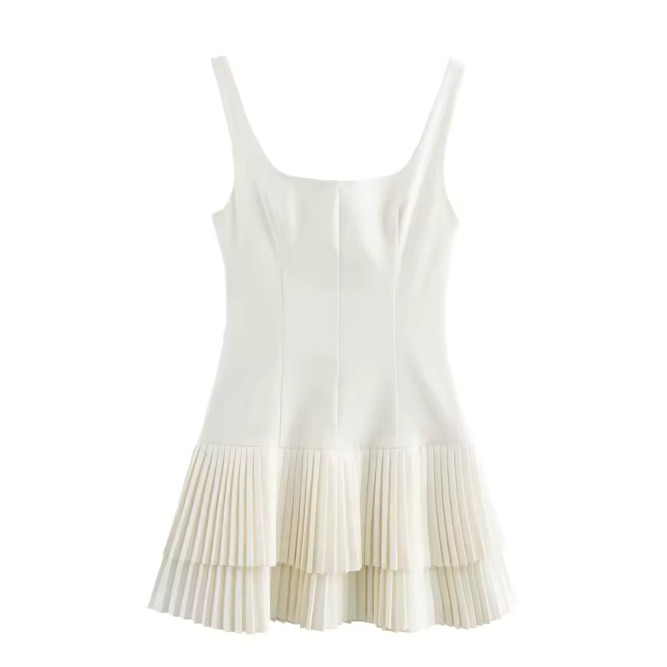 Summer Square Neck Sleeveless Mini Dress for Women - Chic High Street Pleated Sundress - Sexy Solid Slim Fit Short Casual Dress with Rear Zipper