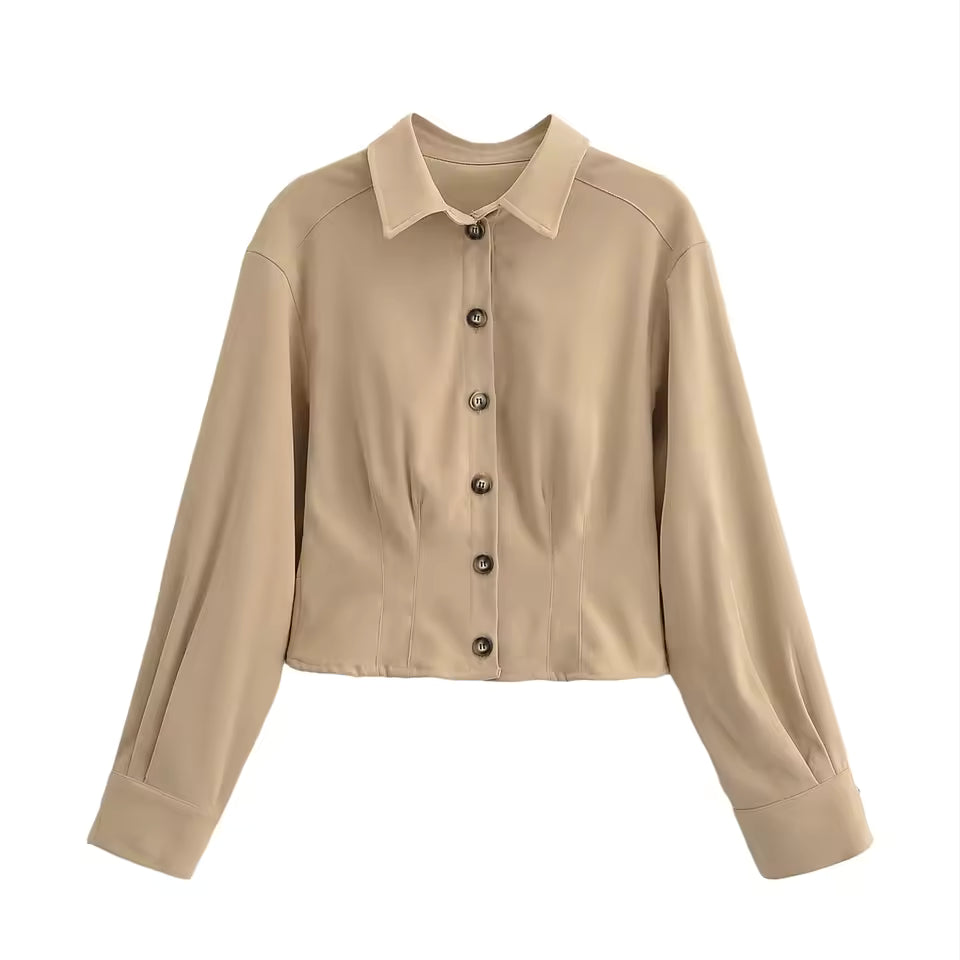 2026 Spring Slim Fit Solid Turn-down Collar Shirt Women French Vintage Long Sleeve Single Breasted Casual Blouse High Street Office Lady Crop Top