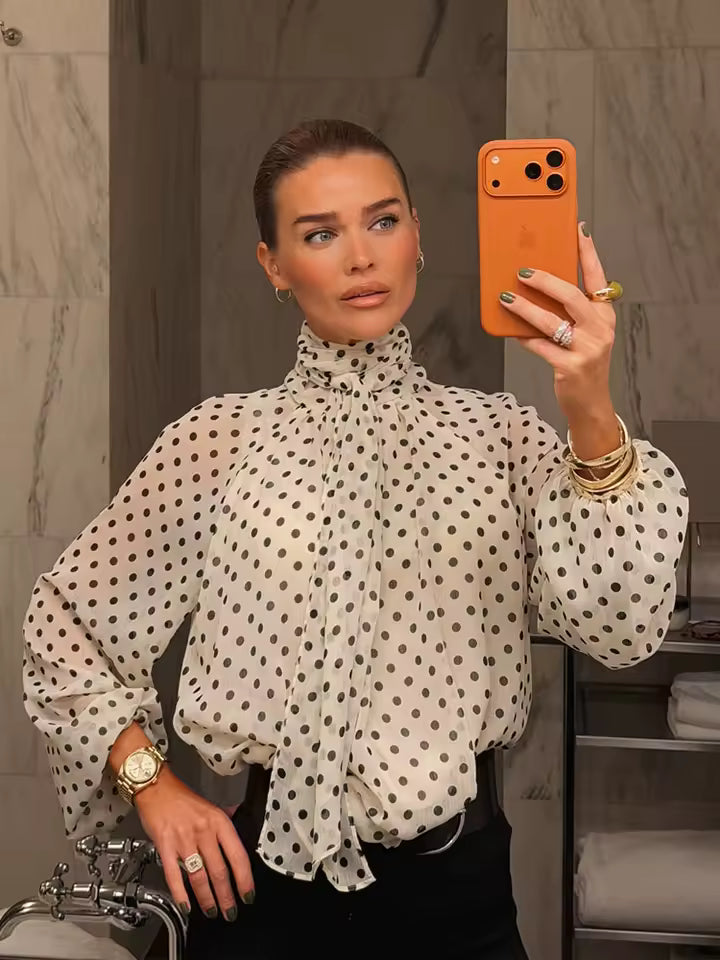 2026 Spring Polka Dot Blouse for Women - Elegant Tie Neck Scarf Collar Shirt - Long Sleeve Casual High Street Pullover Top