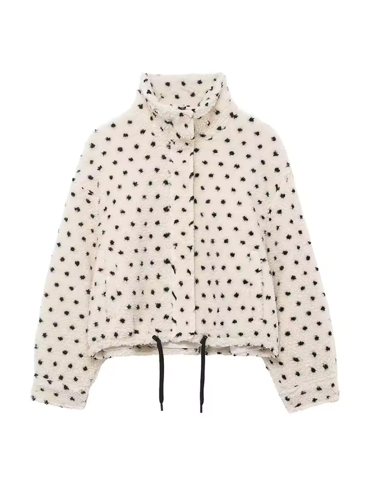 Chic Polka Dot Short Coat for Women | Sexy High Neck Zipper Jacket with Adjustable Drawstring | 2026 Spring Casual Street Style Outwear