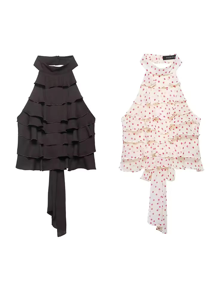 Summer Sexy Halter Neck Backless Top Women Chic Layered Pleated Decoration Sleeveless Crop Top Female Beach Holiday Outfits 2 Colors	针对“海边度假、露背、