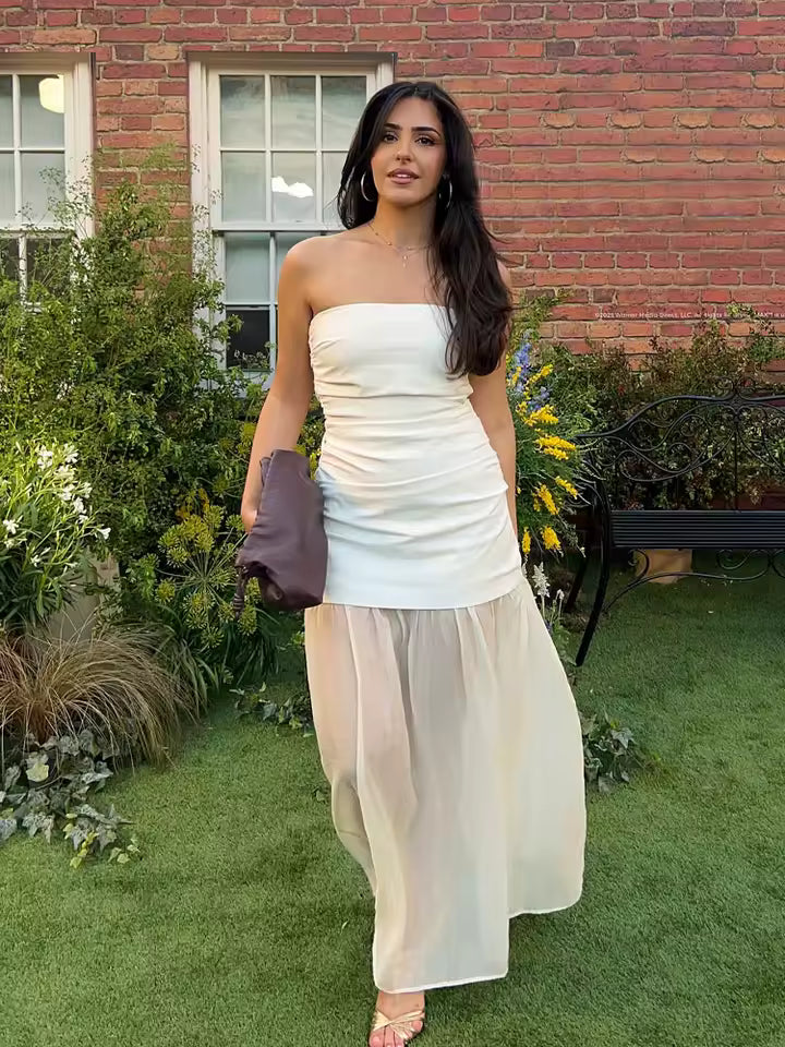 Summer Strapless Midi Tube Dress for Women - Sexy Side Zipper Pleated Splice Dress - Elegant White & Beige Vacation Style Sundress