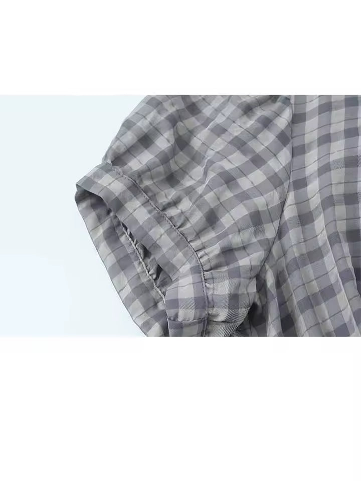 Women's Plaid Short Sleeve Dress with Lapel - Casual Layered Spring Fashion Mini Dress, Comfortable Outing Dress for Female 2026