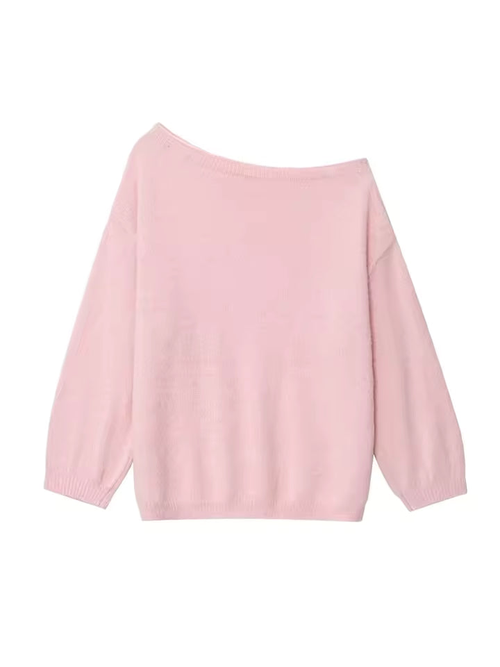 Elegant Solid Asymmetric Off-the-Shoulder Sweater | Chic Loose Knitted Pullover for Women | Autumn Casual Slouchy Knit Top