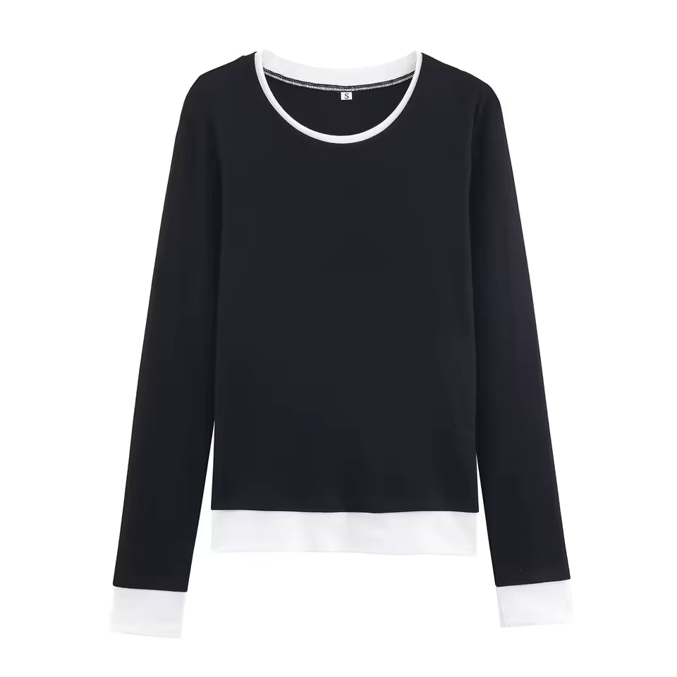 2026 Spring Slim Fit Contrast Color T-shirt Women 3-Color Round Neck Long Sleeve Top Female Casual Versatile Basic Tee