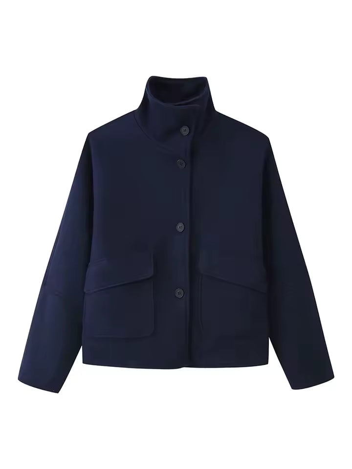 Effortless Cool Vibe! 2026 Autumn High Neck Short Jacket | Chic Single-Breasted Slim Fit Coat - Versatile Solid Loose Casual Jacket with Pockets