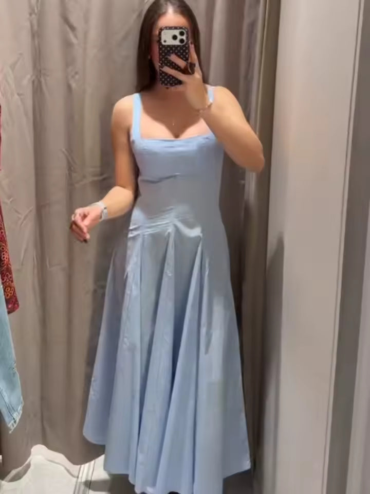 Summer Poplin Midi Dress for Women - Sexy Square Neck Sleeveless A-Line Swing Dress - Solid Color High Waist Dress with Side Zipper