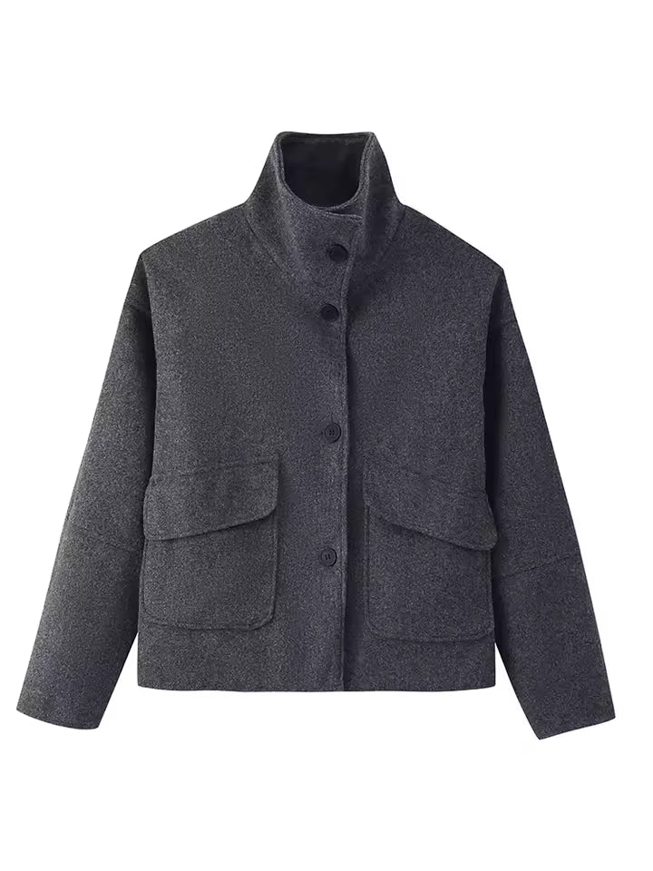 Effortless Cool Vibe! 2026 Autumn High Neck Short Jacket | Chic Single-Breasted Slim Fit Coat - Versatile Solid Loose Casual Jacket with Pockets