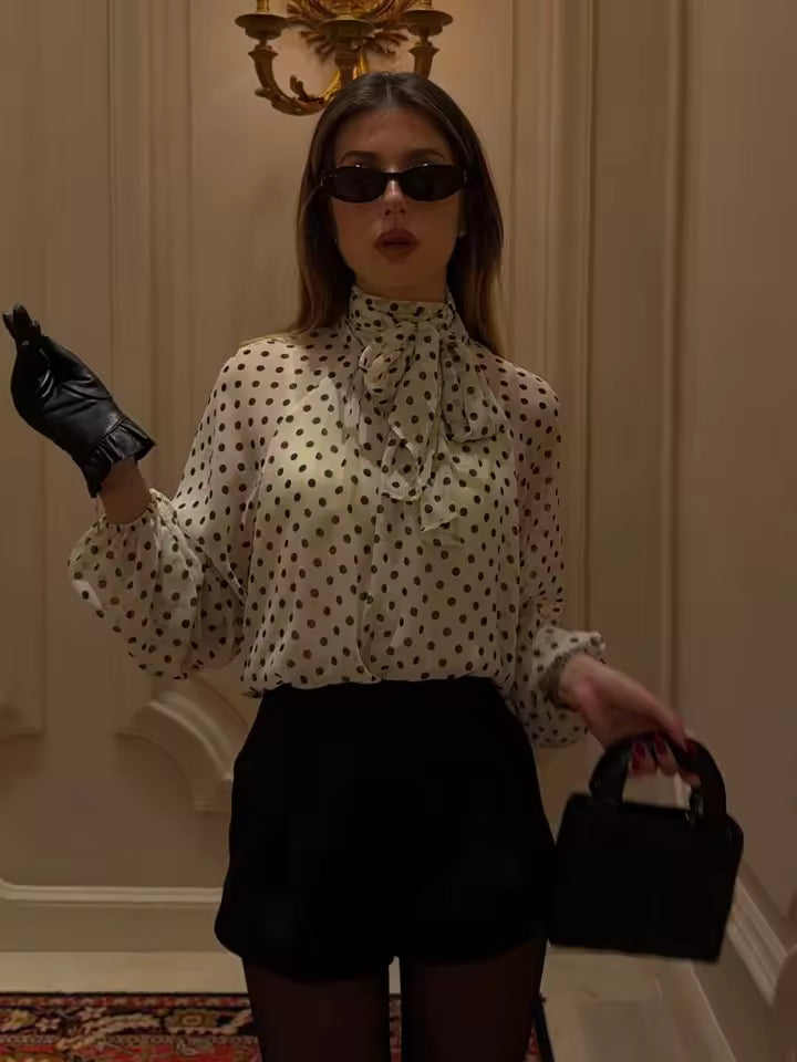 2026 Spring Polka Dot Blouse for Women - Elegant Tie Neck Scarf Collar Shirt - Long Sleeve Casual High Street Pullover Top