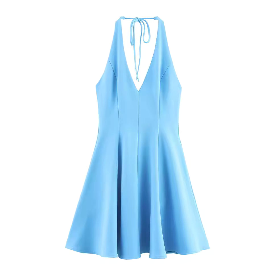 Women's Sexy Halter Neck Mini Dress - Elegant Backless V-Neck Sleeveless Party Dress with Rear Zipper, 2026 Summer Pleated Dress
