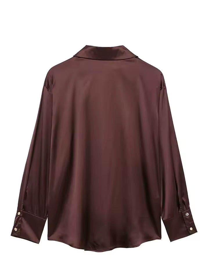 2026 Elegant Satin Texture Shirt Women Silk-like Long Sleeve Blouse Solid Color Lapel Commuter Top Office Lady Formal Shirt